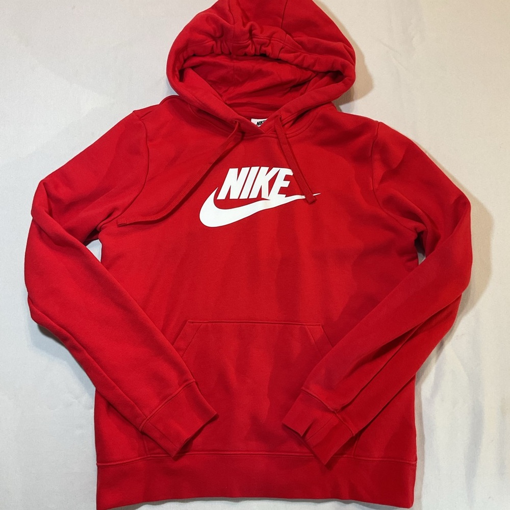 Nike Sportswear Club Feece Pullover Red Hoodie with White Nike Emblem, Size S